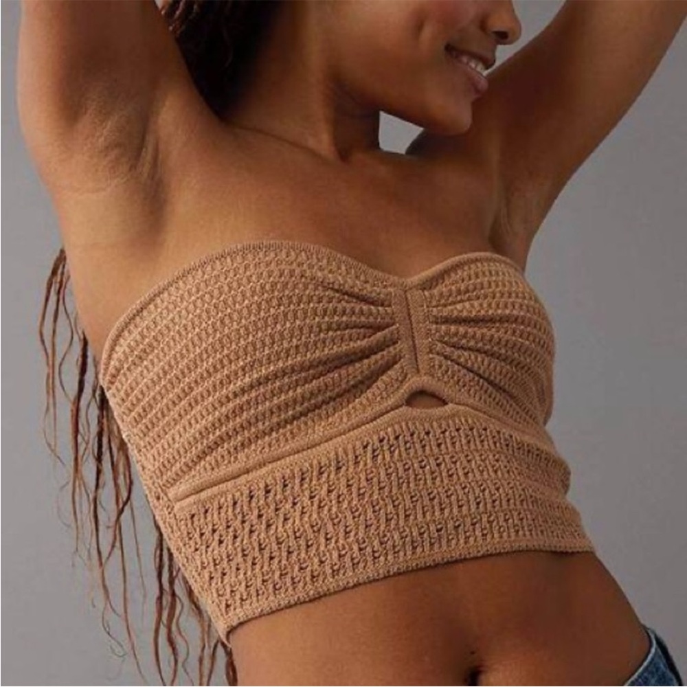 American Eagle Outfitters Tan Crochet Strapless Crop Top Small Boho Tube Top